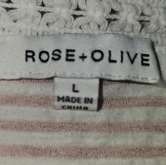 Rose and Olive Striped Pink and White with Crochet Detail Women's Casual Top Lg - Picture 9 of 11